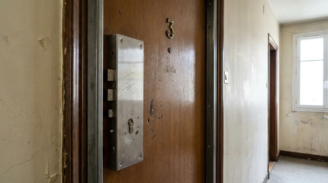 Porte palière d'immeuble sécurisée dans une copropriété dense de Vanves
