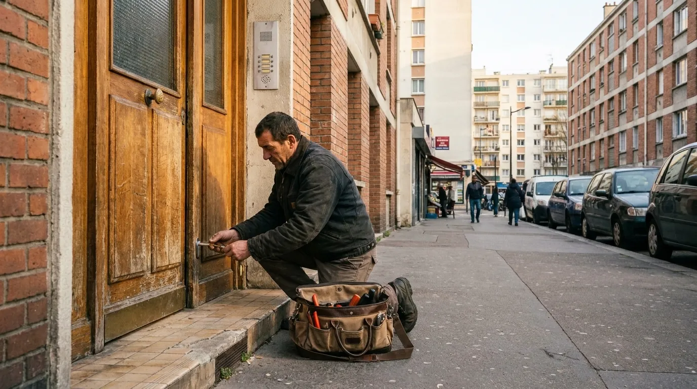Serrurier intervenant sur une porte d'immeuble en copropriété à Vanves (92170)