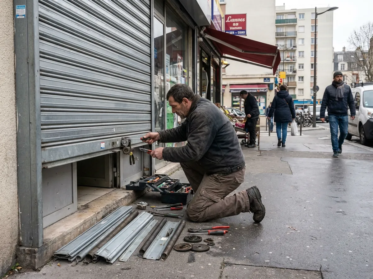 Dépannage d'un rideau métallique de commerce rue Jean-Bleuzen à Vanves